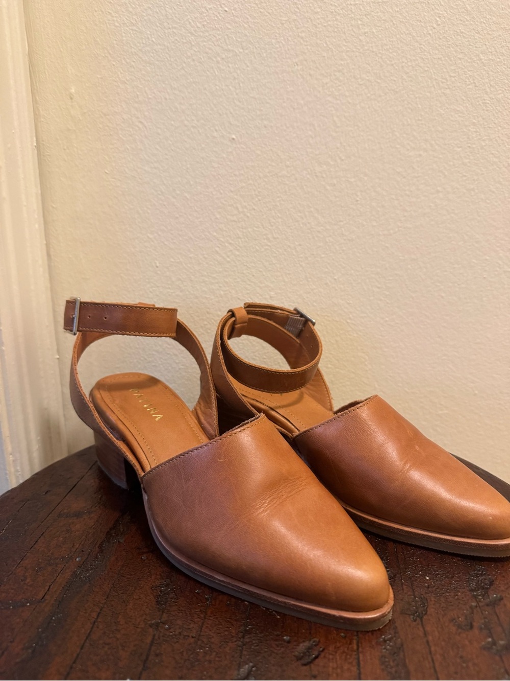 Leather Pointed Toe Ankle Strap Flats - Tan